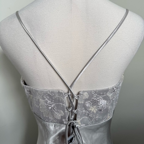 NWT Deadstock Vintage Silver Satin Slip Dress Y2K Maxi Gown with Lace Bust L - Picture 8 of 11